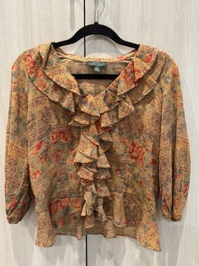 Lauren Ralph Lauren Ruffled Floral Blouse in Mustard and Red Button Down Sz M